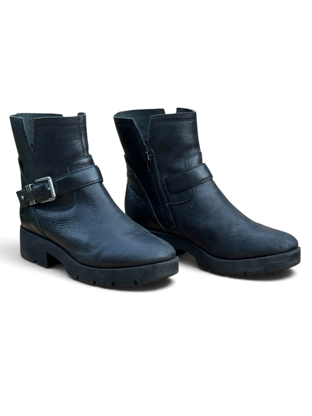 Black Leather Moto Ankle Booties Buckle Strap Lug Sole Biker Boots Womens 9.5M